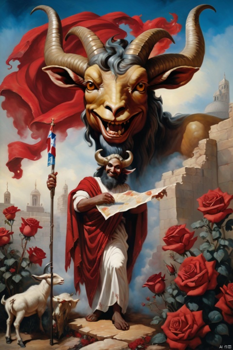 A large, smiling Satan draped in the flag of Israel, holding a map, looks down on a human with a head of a horned goat, against a background of blood-red roses and blood