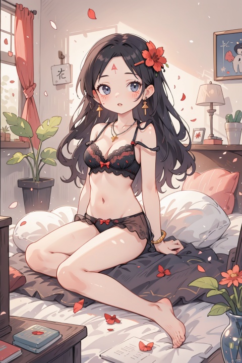 1girl, solo, long hair, breasts, looking at viewer, black hair, hair ornament, navel, cleavage, bare shoulders, jewelry, medium breasts, sitting, underwear, full body, flower, earrings, parted lips, barefoot, day, indoors, necklace, stomach, bra, blurry, lips, petals, bare legs, arm support, facial mark, sunlight, plant, red flower, tassel, hair over shoulder, forehead mark, yokozuwari, vase, loli
