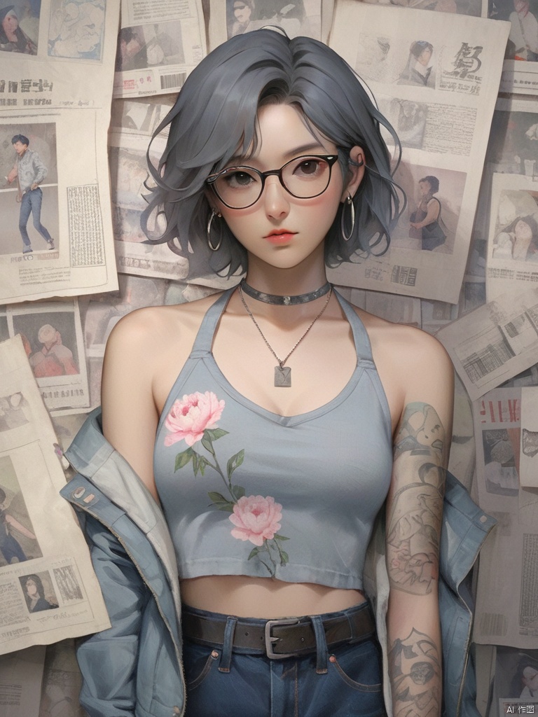 Background, 1 girl, stud ears, short hair, solo, looking at the audience, peony tattoo on arm, chest, denim, jacket, necklace, black eyes, glasses on one hand, pants, off-the-shoulder, Shut up, paper, black hair, crop top, upper body, collarbone, jeans, gray halter shirt,