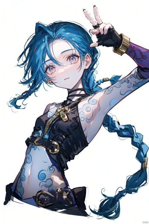 masterpiece,best quality, highly detailed, jinx_(league_of_legends),1girl,solo,navel,looking_at_viewer,arm_tattoo,twin_braids,bare_shoulders,fingerless_gloves,simple background,white background, sailulu style