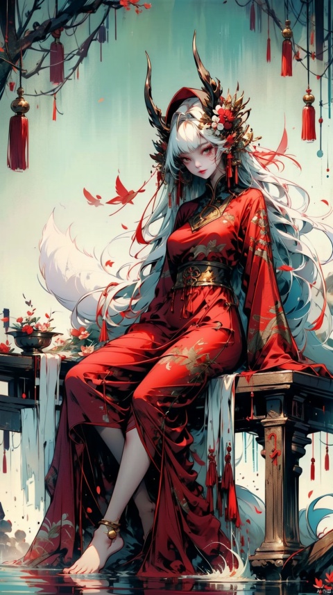 1girl, solo, long hair, breasts, looking at viewer, bangs, large breasts, hair ornament, red eyes, long sleeves, dress, animal ears, sitting, very long hair, tail, full body, flower, white hair, barefoot, hair flower, wide sleeves, water, tree, petals, fox ears, bare legs, fox tail, animal, red dress, fox girl, absurdly long hair, fox