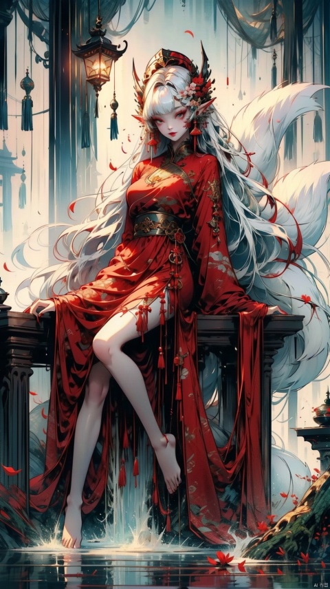 1girl, solo, long hair, breasts, looking at viewer, bangs, large breasts, hair ornament, red eyes, long sleeves, dress, animal ears, sitting, very long hair, tail, full body, flower, white hair, barefoot, hair flower, wide sleeves, water, tree, petals, fox ears, bare legs, fox tail, animal, red dress, fox girl, absurdly long hair, fox