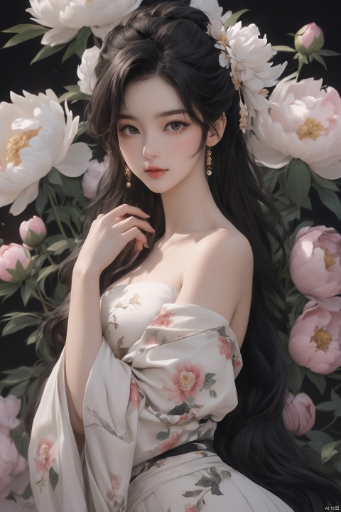 Background Peony, 1 girl, stud ears, long hair, solo, looking at the audience, peony tattoo on the arm, chest, belly, black eyes, actor, flower makeup, off-the-shoulder, shut up, paper, black hair, midriff, upper body, collarbone, sexy