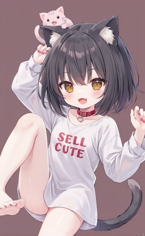 Girl, black hair, short hair, cat ears, brown eyes, laugh, show cute fangs, show fangs, sell cute, head up, red collar, gray tail, oversized shirt, cute background, bare feet, bare legs, all over