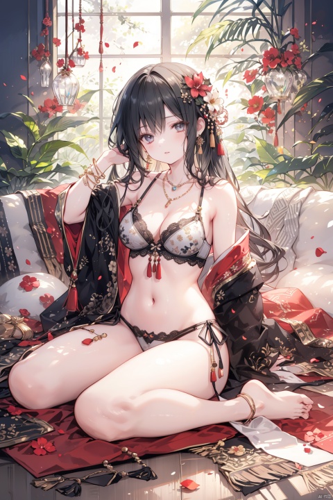 1girl, solo, long hair, breasts, looking at viewer, black hair, hair ornament, navel, cleavage, bare shoulders, jewelry, medium breasts, sitting, underwear, full body, flower, earrings, parted lips, barefoot, day, indoors, necklace, stomach, bra, blurry, lips, petals, bare legs, arm support, facial mark, sunlight, plant, red flower, tassel, hair over shoulder, forehead mark, yokozuwari, vase
