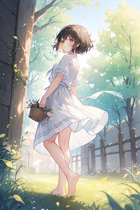 Girl, looking at the audience, blushing, smiling, short hair, bangs, black hair, clothes, holding, brown eyes, standing, whole body, flowers, short sleeves, outdoors, shoes, barefoot, day, white clothes, dress, white dress, tree, perspective, bare legs, leaves, grass, wind, basket, one hand holding hair, fallen leaves