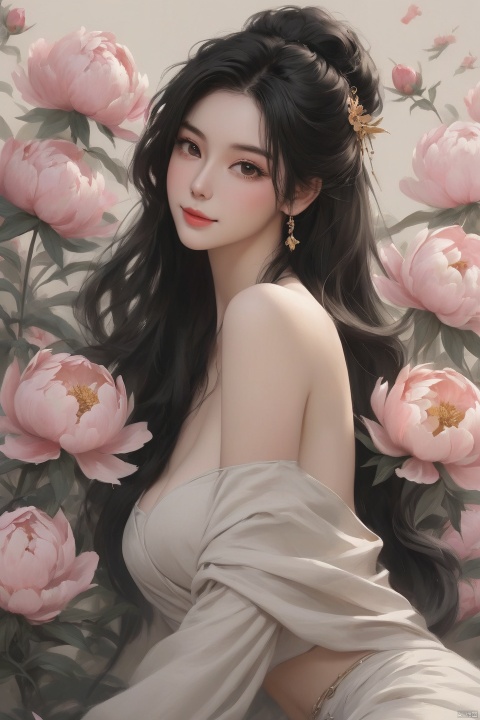  Background Peony, 1 girl, stud ears, long hair, solo, looking at the audience, Peony Tattoo, Chest, belly band, dark eyes, actor, flower makeup, off-the-shoulder, shut up, paper, black hair, crop, topless, collarbone, sexy, Crested, flower, sleeve, Tattoo on back, seductive smile