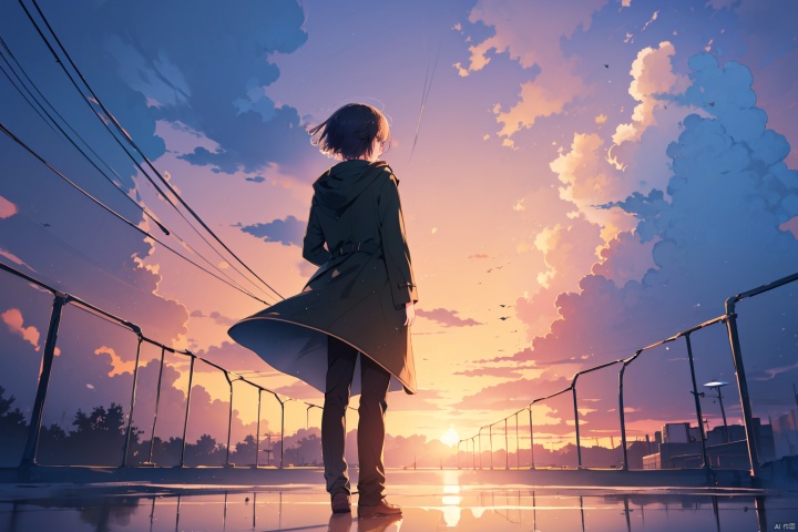 A girl, a boy, standing, outdoors, sky, shoes, pants, clouds, hood, coat, black pants, hood, reflection, sunset, puddle, back to back, lost, lovelorn, sad, girl short hair