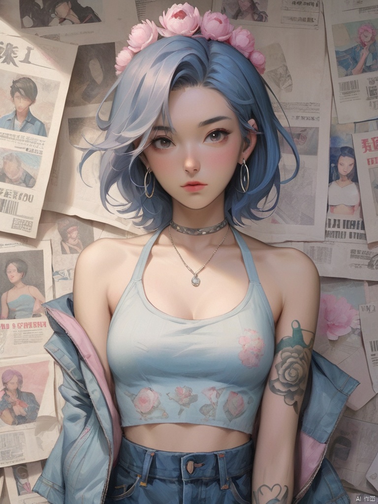 Background, 1 girl, Jewelry, stud ears, short hair, solo, looking at the audience, Tattoo (peony tattoo), Chest, denim, Jacket, Necklace, Blue eyes, Pants, Pink tiara, Off-the-shoulder, Shut up, paper, black hair, crop top, Upper body, collarbone, Jeans, halter shirt,