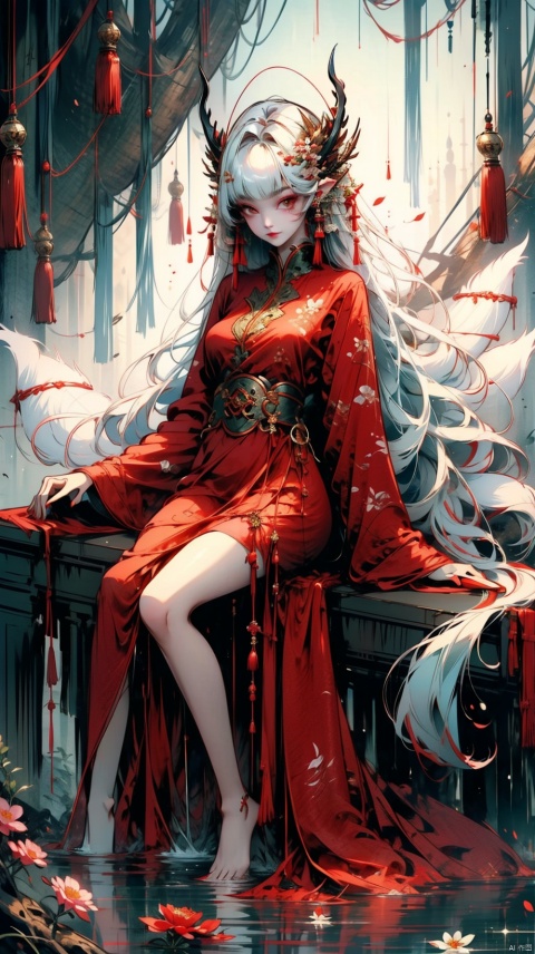 1girl, solo, long hair, breasts, looking at viewer, bangs, large breasts, hair ornament, red eyes, long sleeves, dress, animal ears, sitting, very long hair, tail, full body, flower, white hair, barefoot, hair flower, wide sleeves, water, tree, petals, fox ears, bare legs, fox tail, animal, red dress, fox girl, absurdly long hair, fox