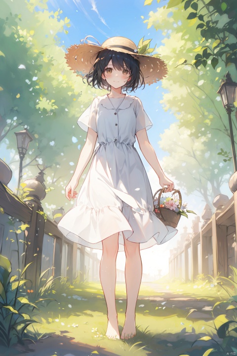 Girl, looking at the audience, blushing, smiling, short hair, bangs, black hair, clothes, holding, brown eyes, standing, full body, flowers, short sleeves, outdoors, shoes, barefoot, day, white clothes, dress, white dress, tree, perspective, bare legs, leaves, grass, wind, basket, one hand holding hair, fallen leaves, straw hat, wearing straw hat