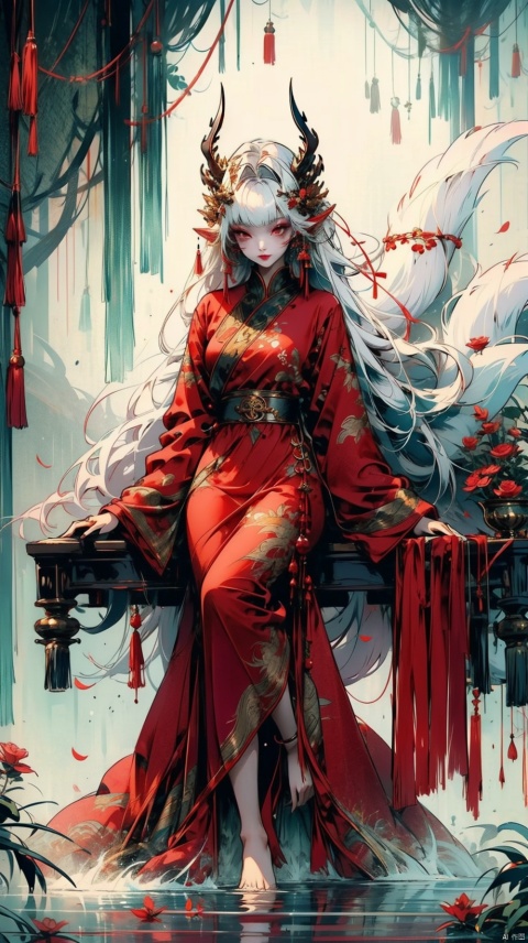 1girl, solo, long hair, breasts, looking at viewer, bangs, large breasts, hair ornament, red eyes, long sleeves, dress, animal ears, sitting, very long hair, tail, full body, flower, white hair, barefoot, hair flower, wide sleeves, water, tree, petals, fox ears, bare legs, fox tail, animal, red dress, fox girl, absurdly long hair, fox