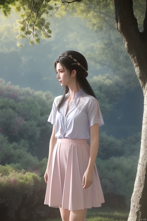 A girl in casual attire, wearing a white short-sleeved shirt and a pink skirt, stands alone in a quiet park, surrounded by trees with lush green foliage, sunlight filtering through the branches, casting dappled shadows on the ground, a gentle breeze ruffling her hair, creating a sense of serenity and tranquility, captured in a soft pastel drawing style, highlighting the innocence and beauty of her solitude in nature. --ar 9:16 --v niji