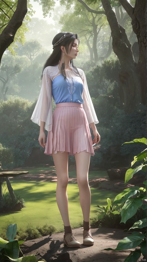  (fullbody:1.2),A girl in casual attire, wearing a white short-sleeved shirt and a pink skirt, stands alone in a quiet park, surrounded by trees with lush green foliage, sunlight filtering through the branches, casting dappled shadows on the ground, a gentle breeze ruffling her hair, creating a sense of serenity and tranquility, captured in a soft pastel drawing style, highlighting the innocence and beauty of her solitude in nature. --ar 9:16 --v niji