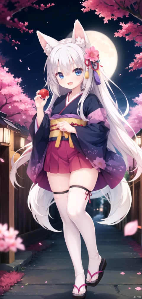  1girl, solo, fox ears, moon, full moon,full body,thighhighs, night, food, blue eyes, japanese clothes, long hair, flower, kimono, smile, hair between eyes, hair flower, hair ornament, holding, bangs, wide sleeves, :d, blush, looking at viewer, red flower, candy apple, holding food, fang, very long hair, outdoors, long sleeves, night sky, animal ear fluff, open mouth, sky, floral print, red bow, bow, white hair, print kimono, depth of field, cherry blossoms, blurry, petals, sash, hakama, fox ears, pink flower, blurry foreground, mini skirt, blue kimono, hands up, obi, tree, branch,{game_cg},{high resolution illustration},