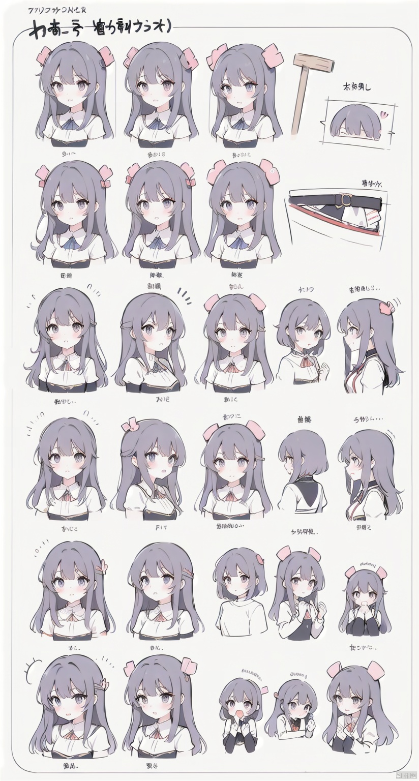 more girl,sakurajima mail,Emoji packs, various actions and expressions, stickers,(blush:1.4),sitting,panorama,column lineup,expressions,three views from front, back and side, costume setup materials,reference sheet