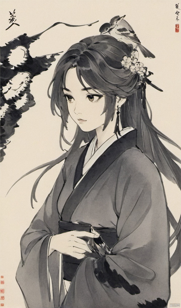  Ancient Art Style, Ink Painting, Traditional Chinese Painting, (Ink Style1:4), (Splash Ink Painting), 1girl, solo, long hair, looking at viewer, blush, bangs, black hair, hair ornament, white background, brown eyes, jewelry, closed mouth, upper body, flower, earrings, hair flower, from side, lips, bird, chinese clothes, tassel,(Ink style),Hazy, xinyue,the whole body,Flowing hair, chinese Landscape painting