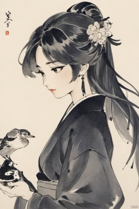  Ancient Art Style, Ink Painting, Traditional Chinese Painting, (Ink Style1:4), (Splash Ink Painting), 1girl, solo, long hair, looking at viewer, blush, bangs, black hair, hair ornament, white background, brown eyes, jewelry, closed mouth, upper body, flower, earrings, hair flower, from side, lips, bird, chinese clothes, tassel,(Ink style),Hazy, xinyue,the whole body,Flowing hair, chinese Landscape painting