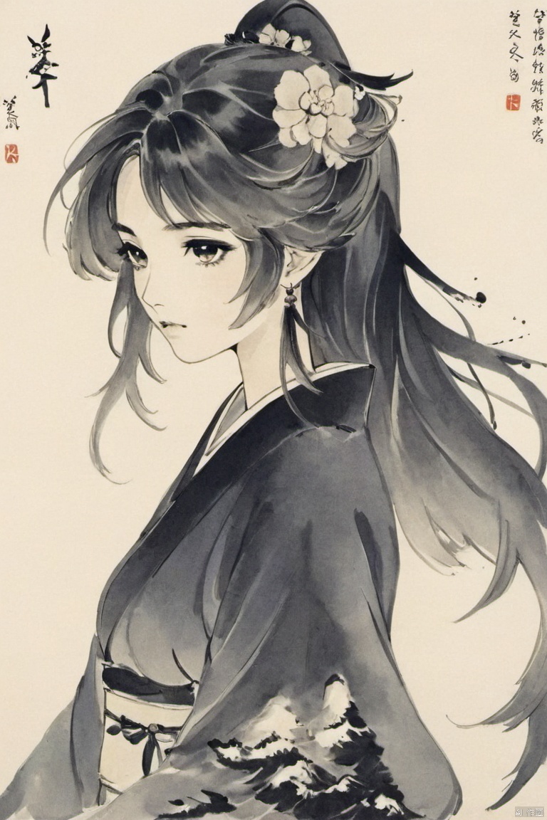  Ancient Art Style, Ink Painting, Traditional Chinese Painting, (Ink Style1:4), (Splash Ink Painting), 1girl, solo, long hair, looking at viewer, blush, bangs, black hair, hair ornament, white background, brown eyes, jewelry, closed mouth, upper body, flower, earrings, hair flower, from side, lips, bird, chinese clothes, tassel,(Ink style),Hazy, xinyue,the whole body,Flowing hair, chinese Landscape painting