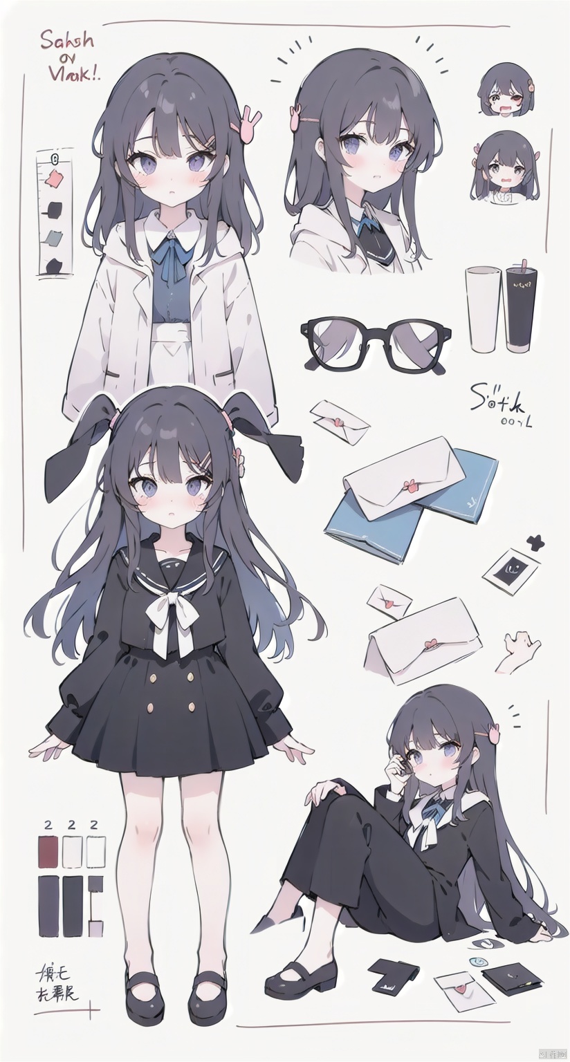 more girl,sakurajima mail,Emoji packs, various actions and expressions, stickers,(blush:1.4),sitting,panorama,column lineup,expressions,three views from front, back and side, costume setup materials,reference sheet