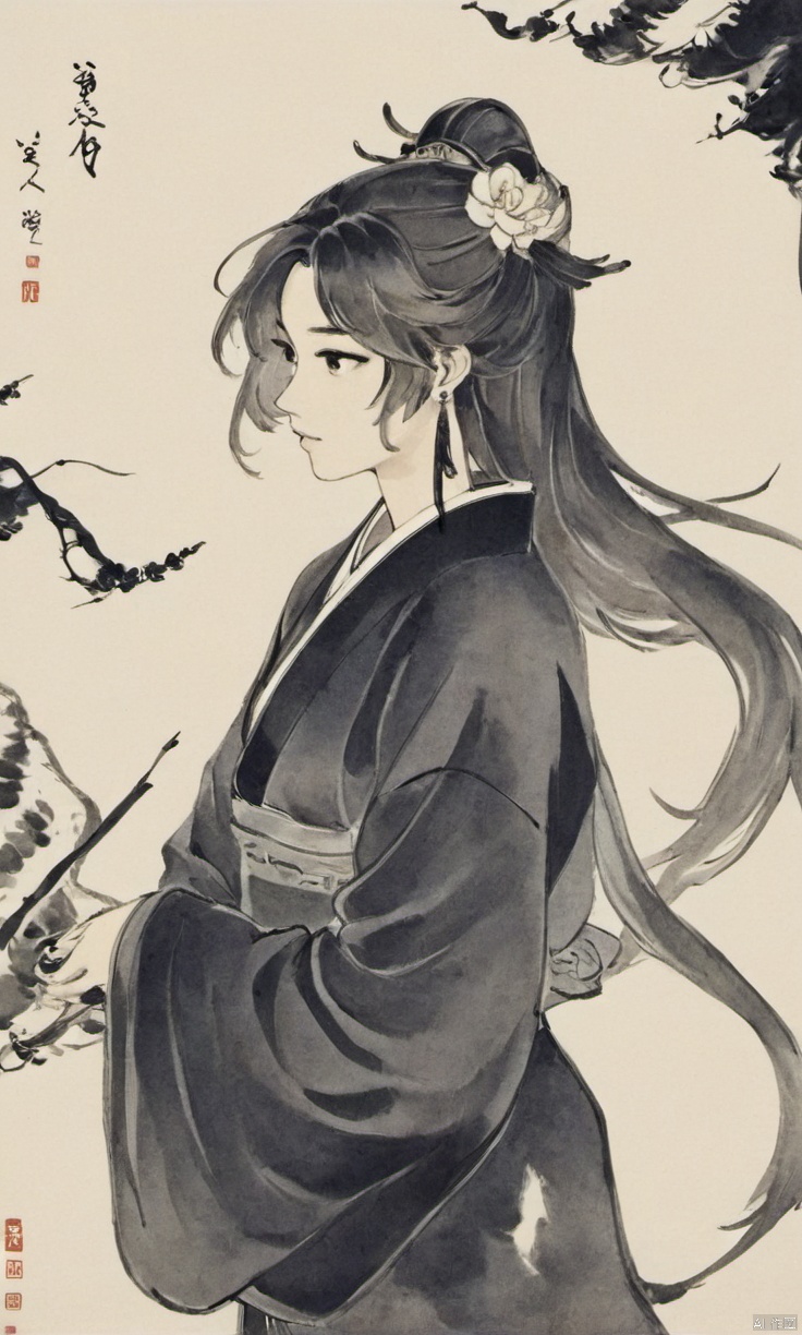  Ancient Art Style, Ink Painting, Traditional Chinese Painting, (Ink Style1:4), (Splash Ink Painting), 1girl, solo, long hair, looking at viewer, blush, bangs, black hair, hair ornament, white background, brown eyes, jewelry, closed mouth, upper body, flower, earrings, hair flower, from side, lips, bird, chinese clothes, tassel,(Ink style),Hazy, xinyue,the whole body,Flowing hair, chinese Landscape painting