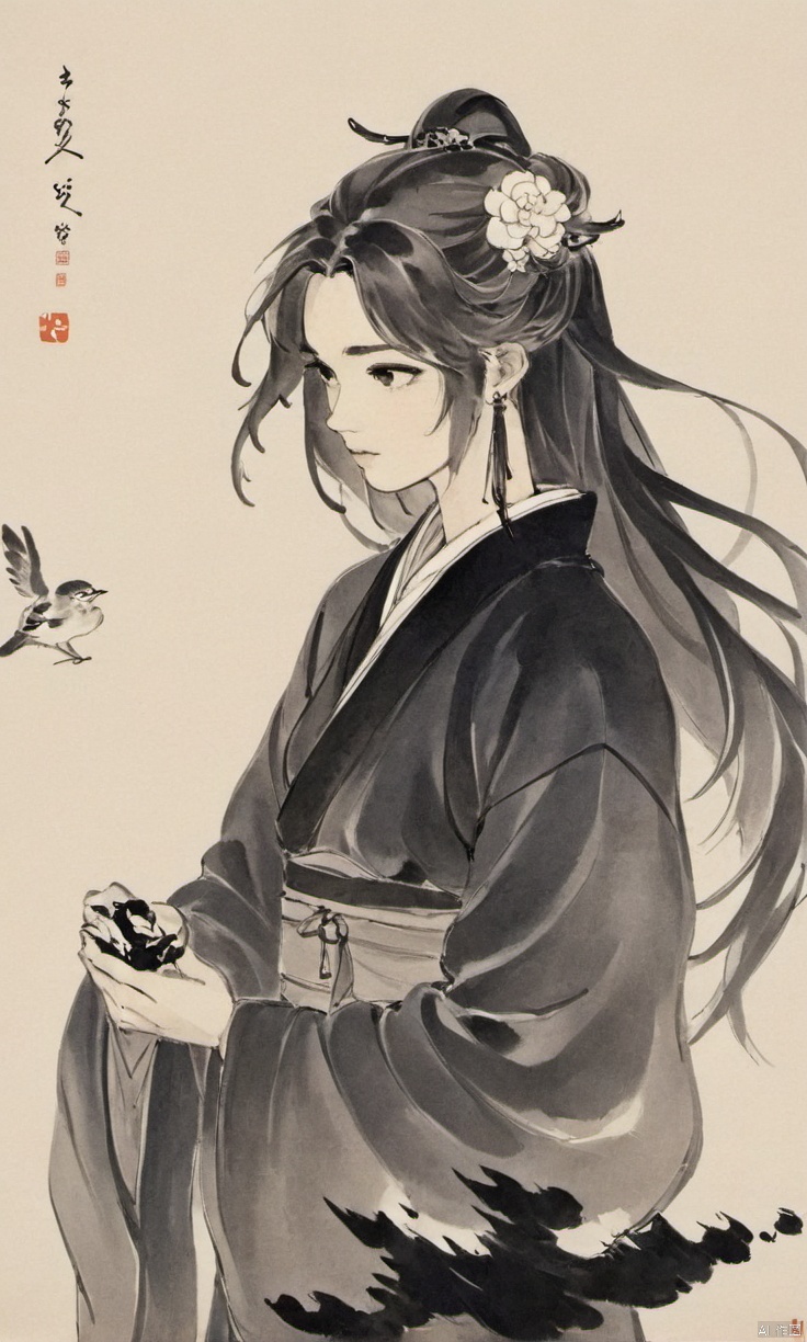  Ancient Art Style, Ink Painting, Traditional Chinese Painting, (Ink Style1:4), (Splash Ink Painting), 1girl, solo, long hair, looking at viewer, blush, bangs, black hair, hair ornament, white background, brown eyes, jewelry, closed mouth, upper body, flower, earrings, hair flower, from side, lips, bird, chinese clothes, tassel,(Ink style),Hazy, xinyue,the whole body,Flowing hair, chinese Landscape painting