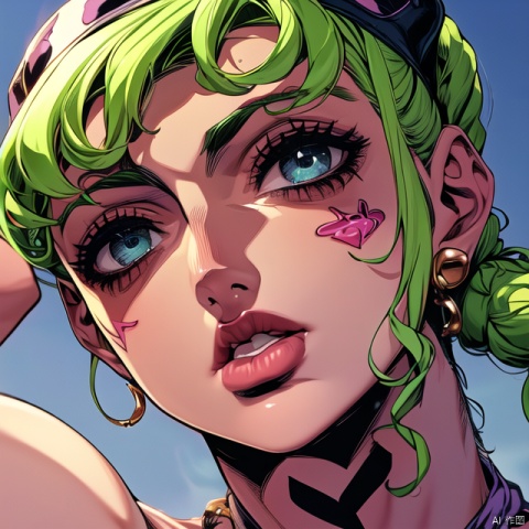  IS_JOJO,1girl, Jolyne Cujoh, jojo no kimyou na bouken,Face close-up, arms up, blonde hair,two pigtails, blue eyes, bangs hanging down face, a tattoo on her left arm, straight-on