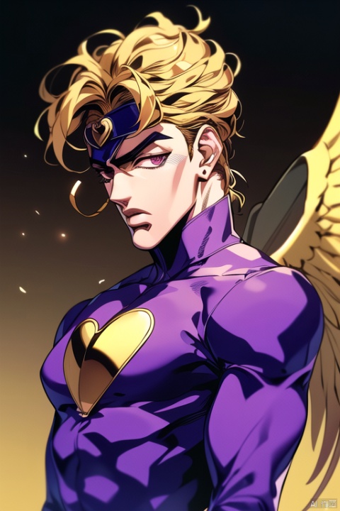 Jojo's Bizarre Adventure. a boy, upper part of the body,purple suit, golden hair, three golden circles hair, the sleeves of one arm, suit has one heart-shaped cutout, heart-shaped cutout with metal trim, collar has metal wings on both sides,two blue ladybugs on the suit,
