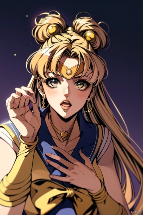  Sailor Moon, a girl, upper part of the body, long golden hair, two yellow ponytails, sailor white uniform, facing viewer, straight back, straight into the camera, ((poakl))