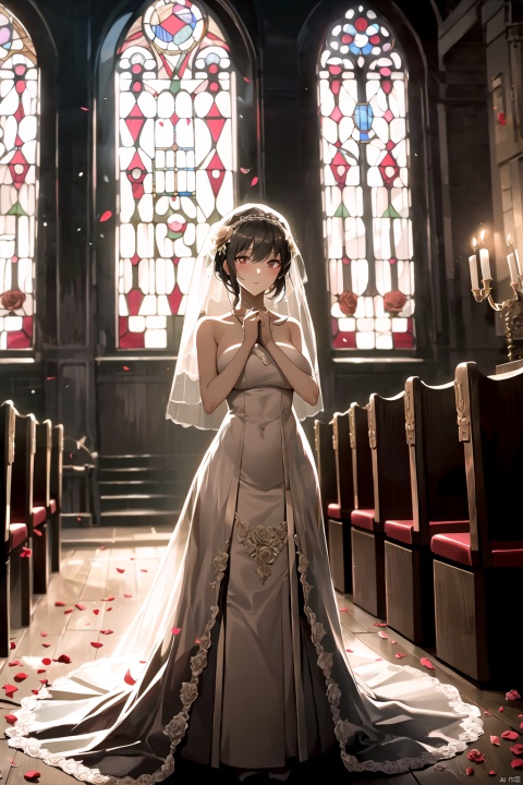 Yor Forger, ((masterpiece)), ((best quality)), 8k, high detailed, ultra-detailed, a girl alone in a church wearing a wedding dress, (solitary figure), (elegant wedding gown), (intricate lace details), (veil covering her face), (soft glow of candlelight), (stained glass windows), (ancient church architecture), (empty pews), (dusty aisle), (prayer books), (rose petals on the floor), (anticipation in her eyes), (serene atmosphere)
