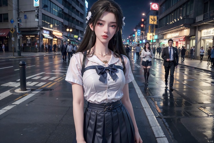  (8k, RAW photo, best quality, masterpiece:1.3),(realistic,photo-realistic:1.37),(night),(looking at viewer:1.331),(long hair),posing, new york, street,nightcityscape, , cyberpunk city,soft light,((1girl)),extremely beautiful face,bust,put down hands,Random hairstyle,Random expression,big eyes, ,lower abdomen,,(JK_suit),(JK_shirt),JK_style,(dark blue JK_skirt) ,(bow JK_tie),,mix4.,short-sleeved JK_shirt ,short-sleeved JK_sailor,JK_suit, qingyi