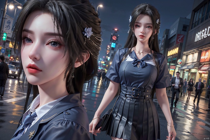  (8k, RAW photo, best quality, masterpiece:1.3),(realistic,photo-realistic:1.37),(night),(looking at viewer:1.331),(long hair),posing, new york, street,nightcityscape, , cyberpunk city,soft light,((1girl)),extremely beautiful face,bust,put down hands,Random hairstyle,Random expression,big eyes, ,lower abdomen,,(JK_suit),(JK_shirt),JK_style,(dark blue JK_skirt) ,(bow JK_tie),,mix4.,short-sleeved JK_shirt ,short-sleeved JK_sailor,JK_suit, qingyi,hair ornament