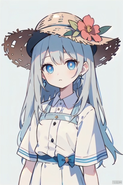 (teenager),(white shoes),(white socks),masterpiece,sport_shoes,Straw hat,quality_best,style_onineko,(Distinct pupils)(Clear eyes),1girl,solo,earrings,looking at viewer,flower,long hair,bangs,closed mouth,black headwear,red flower,white hair,hair intakes,frills,blue eyes,hair ornament, expressionless,hat flower,eyelashes, best quality,simple_background,upper_body
