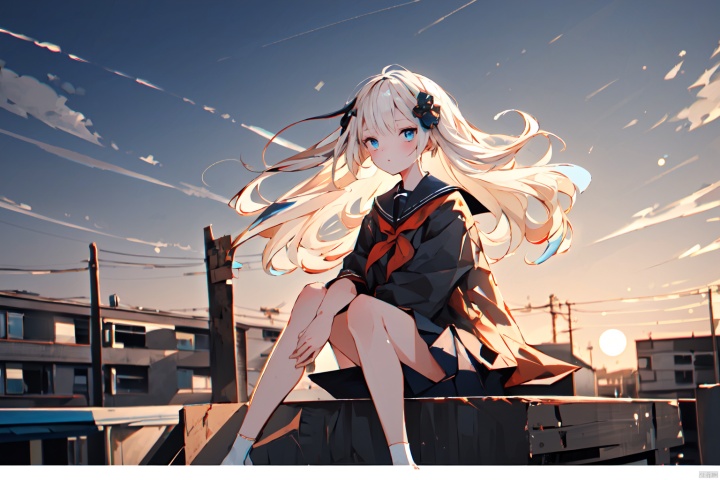  masterpiece,high quality,bright,1girl,solo,long hair,slum,white hair,school_uniform,floating hair,blue eyes,sitting on buliding,at dusk,deep blue sky,smelly,hair ornament,teenager,chromatic_aberration,white socks