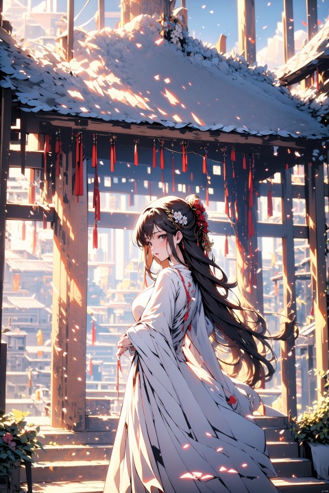  (masterpiece, top quality, best quality, official art, beautiful and aesthetic:1.2),gf-hd, 1girl, long hair, dress, architecture, solo, stairs, white dress, east asian architecture, brown hair, from behind, skirt hold, hair ornament, Anime