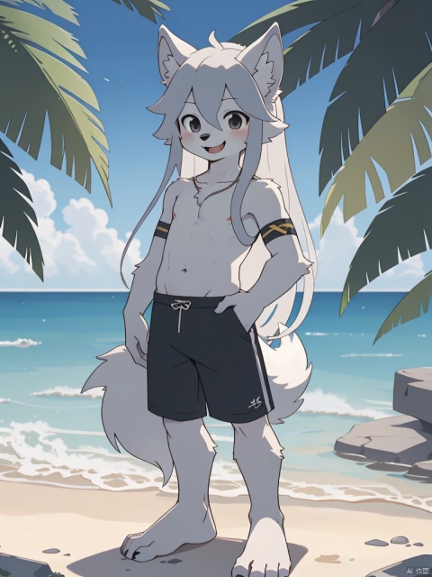  (little boy:1.3),8k,(silver long hair:1.2),black eyes,((poakl)),Happy expression,yellow clothes,bare foot,Standing in the water, exposing shoulders,Wolf ears, furry, shota