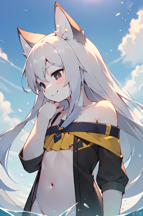  nsfw, (little girl:1.3),8k,(silver long hair:1.2),black eyes,((poakl)),Happy expression,yellow clothes,bare foot,Standing in the water, exposing shoulders,Wolf ears, furry, shota,