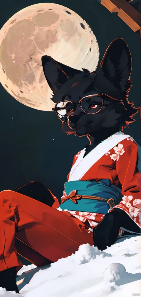 (cute furry art:1.3),(9years old:1.5),(A young girl),(young furry girl:1.3),masterpiece of perfection,8k,Covered in furry,only a male,red eyes,(black fur:1.3),(furry girl:1.3),female fox,kawaii,short_kimono,opaque_glasses,tinted_eyewear,huge filesize,wallpaper,profile,dutch angle,chromatic_aberration,head_tilt,Volumetric Lighting,moody lighting,((moon)),starry sky,(lighting particle),fog,snow,(bloom),