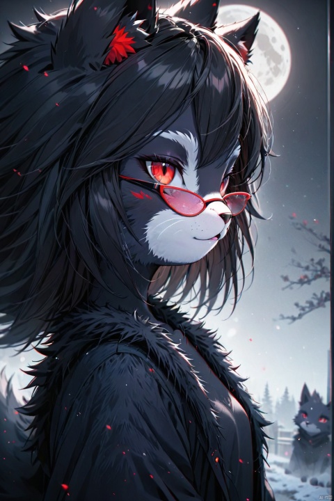  (nsfw),(cute furry art:1.3),(9years old:1.5),(A young girl),(young furry girl:1.3),masterpiece of perfection,8k,Covered in furry,only a male,red eyes,(black fur:1.4),(furry girl:1.3),female fox,kawaii,short_kimono,tinted_eyewear,huge filesize,wallpaper,profile,dutch angle,chromatic_aberration,head_tilt,Volumetric Lighting,moody lighting,((moon)),starry sky,(lighting particle),fog,snow,(bloom),