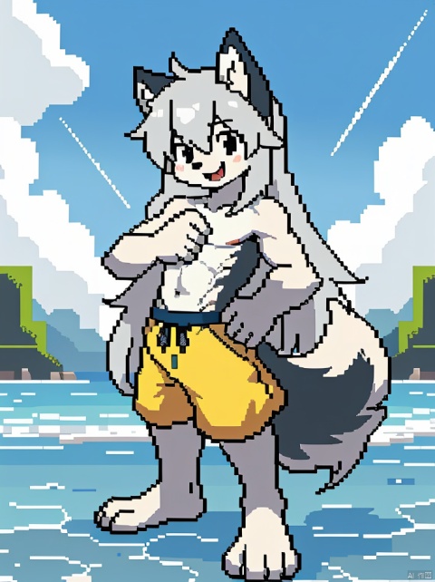  (little boy:1.3),8k,(silver long hair:1.2),black eyes,((poakl)),Happy expression,yellow clothes,bare foot,Standing in the water, exposing shoulders,Wolf ears, furry, shota,(Pixelart)