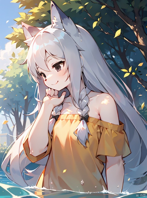 (nsfw), (little girl:1.3),8k,(silver long hair:1.2),black eyes,((poakl)),Happy expression,yellow clothes,bare foot,Standing in the water, exposing shoulders,Wolf ears, furry, shota,