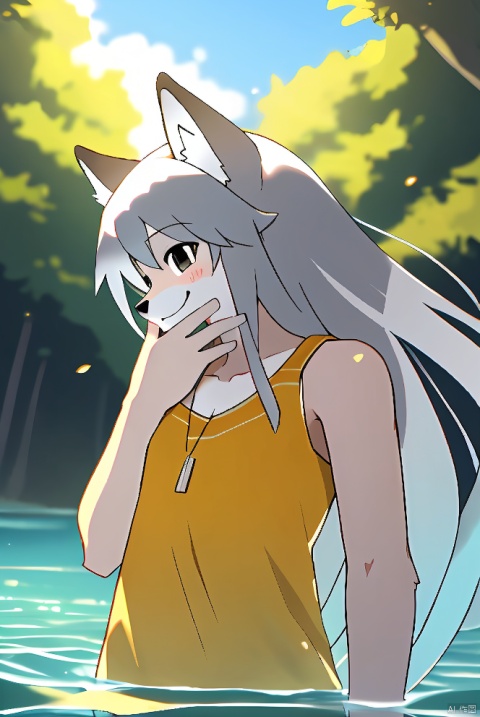  nsfw, (little girl:1.3),8k,(silver long hair:1.2),black eyes,((poakl)),Happy expression,yellow clothes,bare foot,Standing in the water, exposing shoulders,Wolf ears, furry, shota,