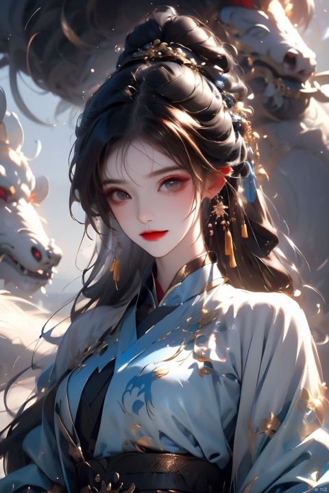  , (masterpiece:1.2), best quality,PIXIV,long hair, shoulder armor, black hair, gloves, hanfu, brown hair, white gloves, chinese clothes, looking at viewer, tassel, earrings, wide sleeves, jewelry, standing, long sleeves, pauldrons, closed mouth, ponytail, dragon, brown eyes, bangs, cape,Chinese girl,traditional Chinese, qiuyinong,midjourney portrait, backlight, colors, Hanfu, fire, HUBG_Rococo_Style(loanword), long, girl,face