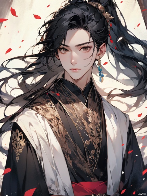  solo, long hair, looking at viewer, black hair, hair ornament, 1boy, brown eyes, closed mouth, upper body, ponytail, flower, male focus, armor, petals, chinese clothes, falling petals