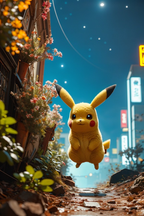 no humans,（Pikachu）, cityscape,cyberpunk 2077,low angle, , Detail,Realistic images, realistic graphics, 8k,dynamic pose,jumping,night sky,evening,
Exaggerated surprise,