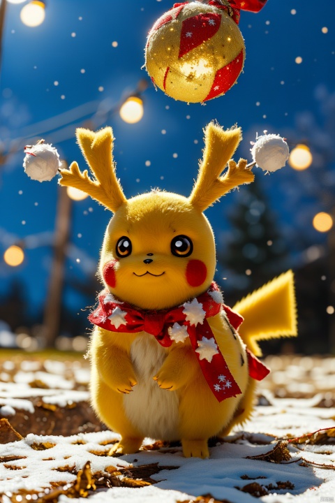  no humans,（Pikachu）,  8k,dynamic pose,
Exaggerated surprise,
Flowers,Santa Claus,Jingle Bells
Cozy
Reindeer
Candy Cane
Joyful
Pokeball
Starlight
Moon
Christmas
Snowy Ground
Gifts
Fairy Lights
Snowflakes