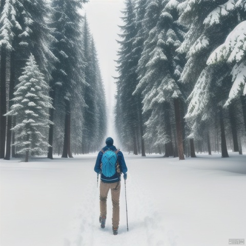 A traveler is hiking in the heavy snow