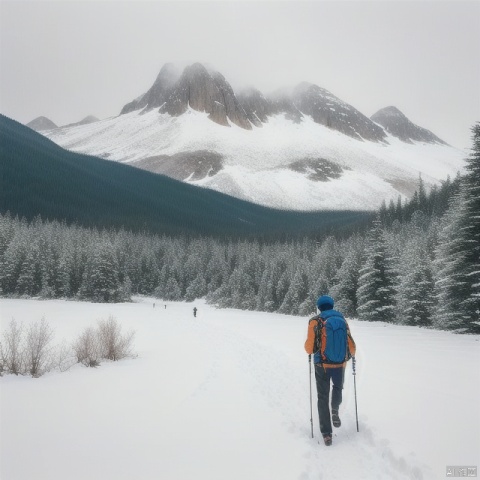 A traveler is hiking in the heavy snow. There is a big mountain in the distance, and a path leads directly to the top of the mountain.
