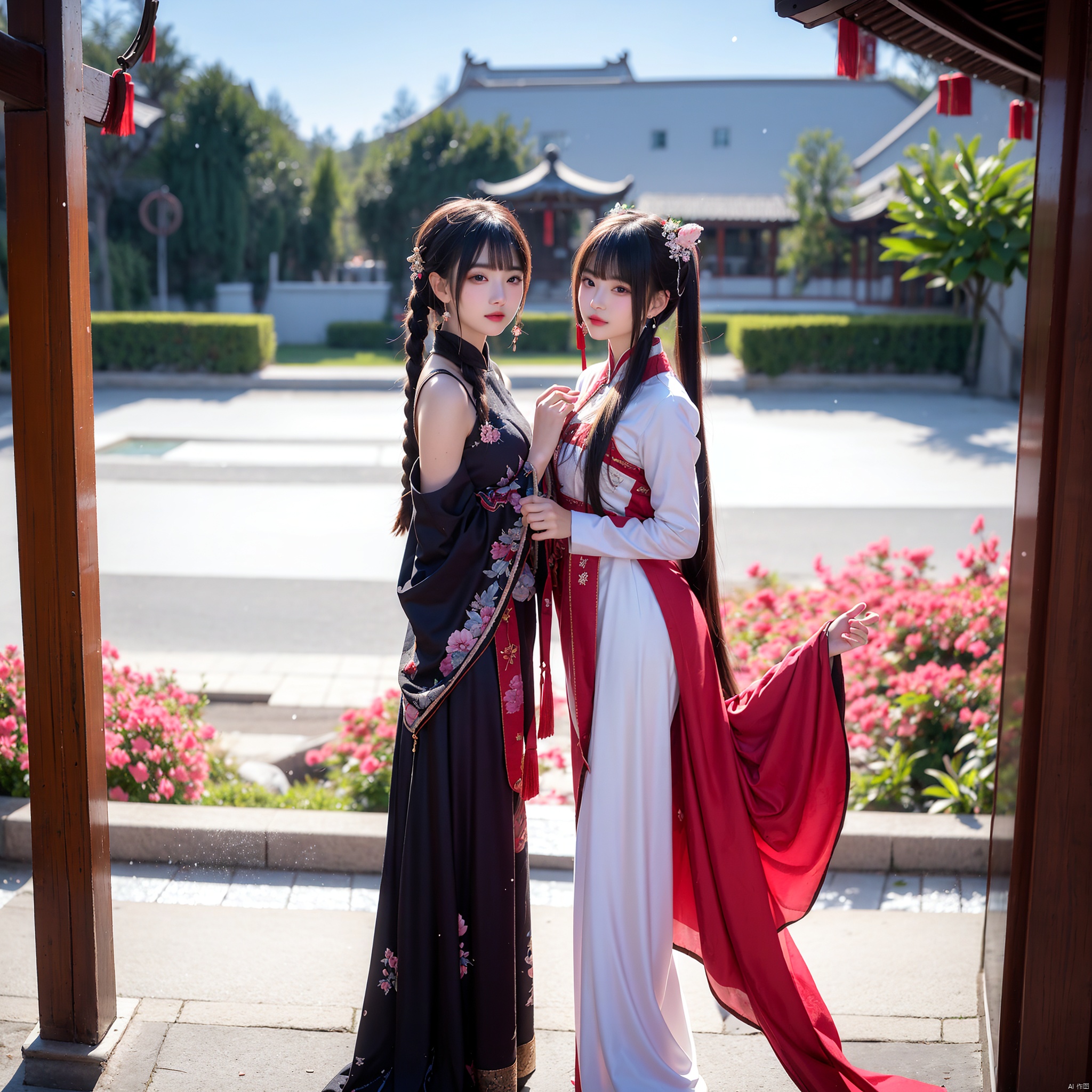  in the picture, there are two people standing opposite each other, with a long distance between them, crossing through. On the left, there is a modern Chinese beauty, and on the right, there is an ancient Chinese beauty, with peach blossoms and flying snow reflecting Chinese ink,in clothes