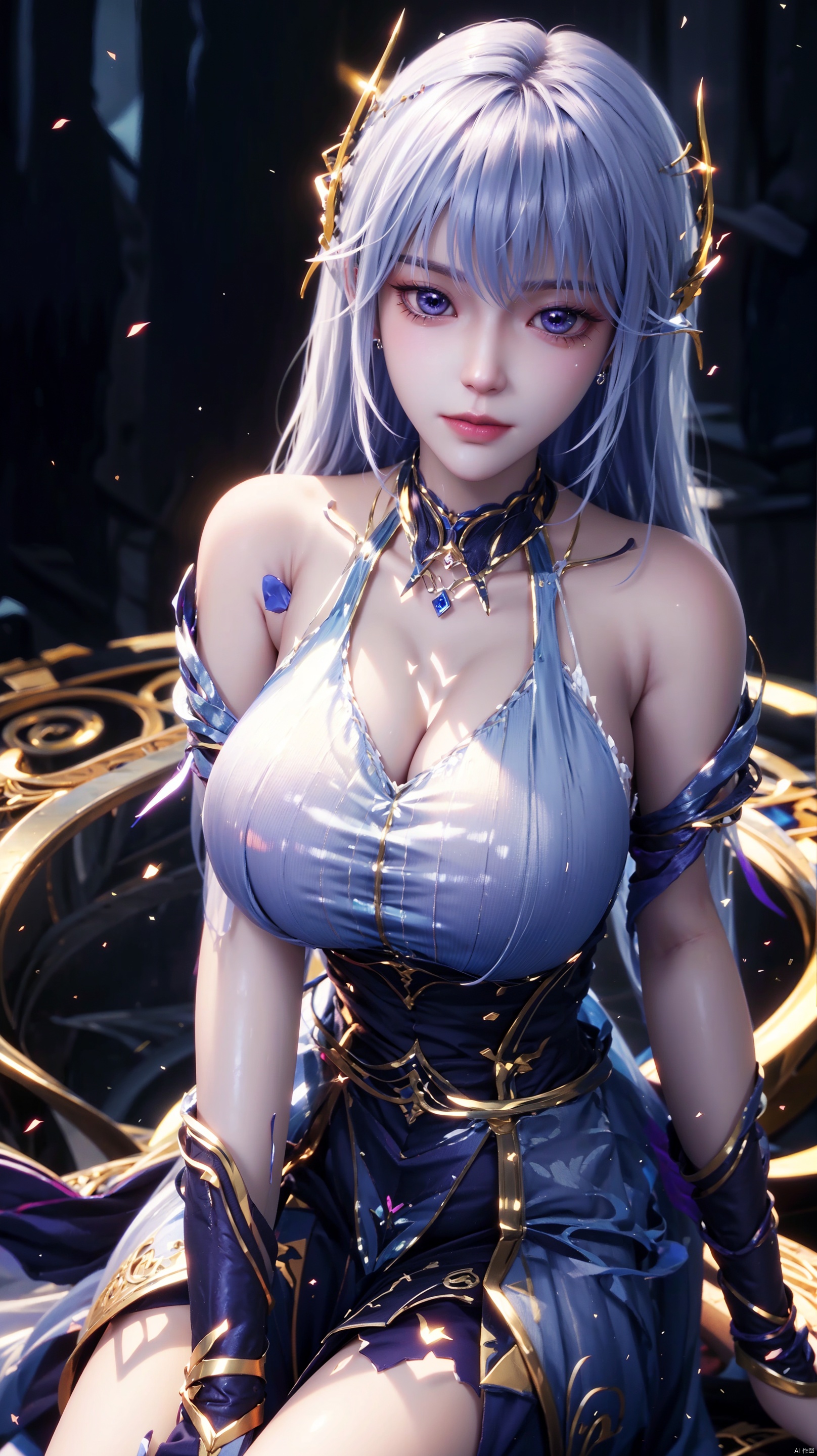 1girl, solo, long hair, white hair, white dress, purple eyes, realistic, mischevious smile, perfect body, scenery, sharp focus, best quality, masterpiece, detailed outfit, illustration, perfect eyes, finely detailed beautiful anime eyes, realistic skin, intricate details, best lighting, depth of field, ultra high resolution, sitting, dynamic pose, dynamic angle,